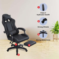 Kuber Industries Ergosmart PC Gaming Chairs with Wheels | Comes with Headrest, Lumbar Support Cushions & Footrest | Comfortable Chair for Long Sitting & Back Pain Relief | 2023-6F-BLK-Black