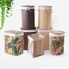 Kuber Industries Foldable Bamboo Laundry Basket For Clothes With Lid & Rope Handle | Eco Friendly Washing Clothes Bucket/Storage Box Organizer | BS016-Leaf Print - Natural Wooden Brown
