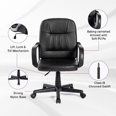 Heart Home Ergonomic Leather Office Chairs for Work from Home | Comes with Manual Height Adjustable, Armrest, Headrest & Lumbar Support | Comfy Study Chair for Students with Wheels | Black