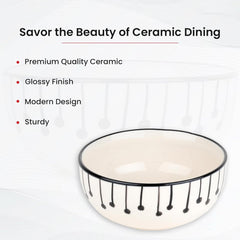 Kuber Industries Ceramic Food Bowl Set | Chini Mitti Bowl | Microwave, Dishwasher Safe Ceramic Bowl | Black Dots & Lining Print - White