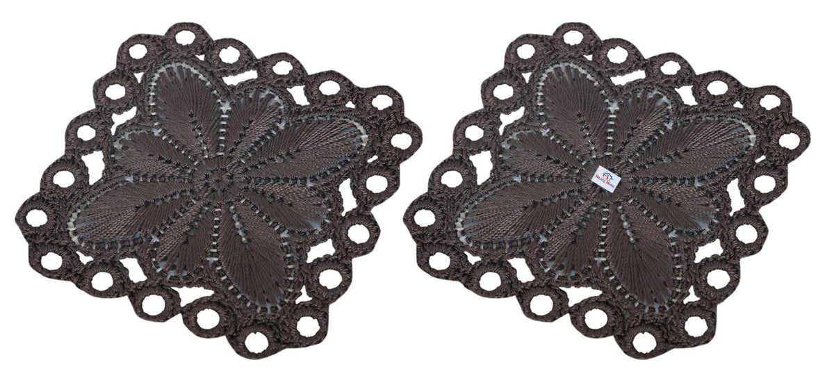 Heart Home Flower Design Handmade Square Cotton Coaster for Kinds of Mugs and Cups, Set of 2 (Brown & Cream)