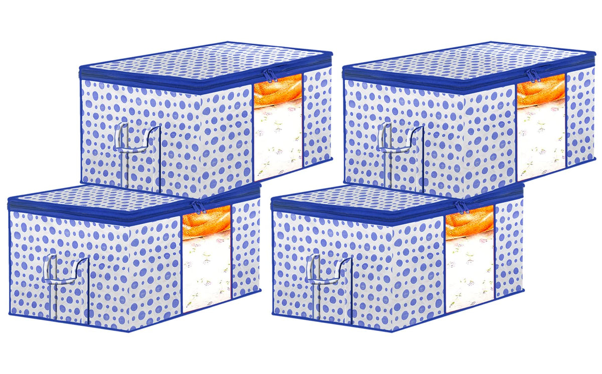 Kuber Industries Dot Printed Multiuses Non Woven Underbed/Storage Bag/Organizer With Transparent Window & Handle Pack of 4 (Blue)-46KM0605