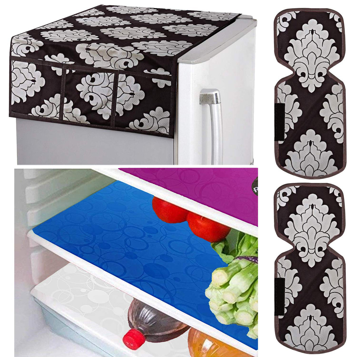 Kuber Industries Flower Design Combo PVC 3 Pieces Fridge Mats, 2 Piece Handle Cover and 1 Piece Fridge Top Cover(Brown)