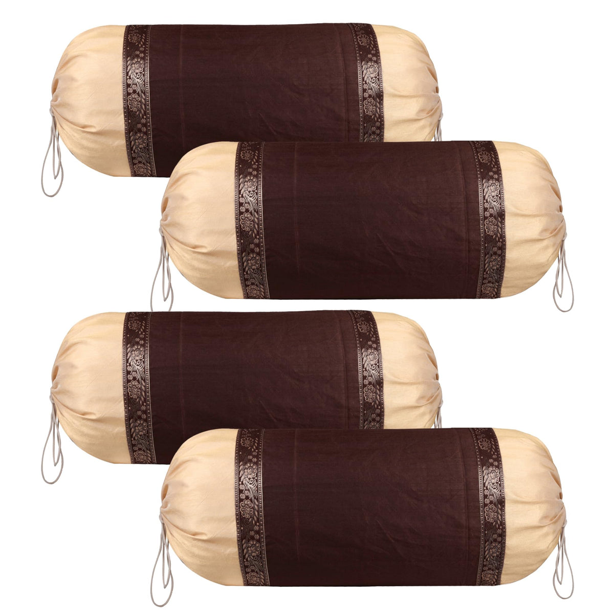 Kuber Industries Bolster Covers | Dupion Polyester Bolster Cover Set | Diwan Bolster Cover Set | Bolster Pillow Cover | Lace Design Masand Cover | 16x32 Inch | Pack of 4 | Brown