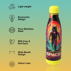 Kuber Industries 500 ml Water Bottle with 2 Lids | Journey To Space | Stainless Steel Bottle for Travel & Sports | BPA-Free Insulated Sipper Bottle for Adults & Kids with Straw | Multicolor|Pack of 3