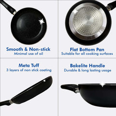 Heart Home 3 PCS Aluminium Cooking Set for Kitchen 24 cm Wok, 24 cm Fry Pan with Lid & 28 cm Tawa | Nonstick Induction Cookware Set | Kadhai, Frying Pan & Tawa Utensils Set | Black