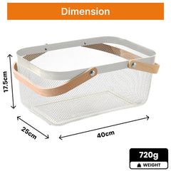 Urbane Home Metal Mesh Basket for Storage with wooden handle| 720gm | Fruit Basket and Vegetable Basket for Kitchen | Kitchen Organizer | Baskets for Organizing Home | White | Multipurpose |