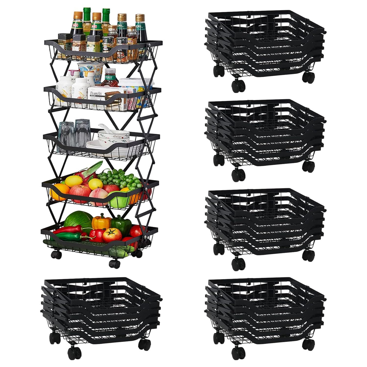 Kuber Industries 5-Layer Collapsible Kitchen Rack|Multipurpose Storage Basket|360-Degree Rotable Kitchen Trolley|Fruit Basket Pack of 6 (Black)