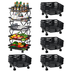 Kuber Industries 5-Layer Collapsible Kitchen Rack|Multipurpose Storage Basket|360-Degree Rotable Kitchen Trolley|Fruit Basket Pack of 6 (Black)
