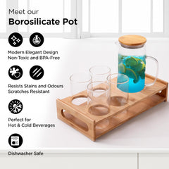 Heart Home Glass Jug Set with Bamboo Tray and 4 Water Glasses | Glass Jug with Bamboo Lid - 950ml | 4 Water Glass - 330ml Each |Designer Jugs & Cups Set | Ideal Housewarming Gift