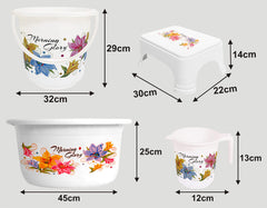 Kuber Industries Printed 4 Pieces Plastic Bucket, Stool, Mug & Tub Set (White) (HS39KUBMART023510)