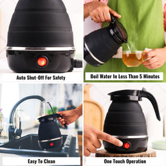 Kuber Industries Foldable Electric Kettle 600 ML | Silicone Body With 304-Stainless Steel Base | Leak Proof Design | Multipurpose Portable Electric Kettle for Travel, Office & Home | 600W | Black