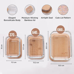 Heart Home Pack of 3 Borosilicate Kitchen Containers with Bamboo Lid | Glass Containers with lid | Airtight | 370ml 640ml 1060ml | kitchen accessories items| Multipurpose | Ratatouille Print