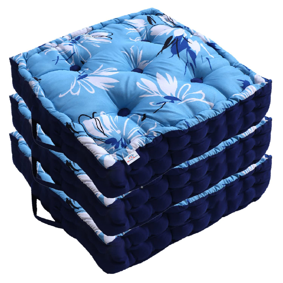 Heart Home Square Chair Pad|Comfortable Floral Design Seat Cushion|Soft Cotton Pillow Filler for Seating,Meditation,Yoga,Living Room,Pack of 3 (Sky Blue)