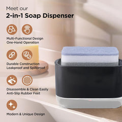 Heart Home 2 in 1 Press Soap Dish for Kitchen with Sponger Holder | 300 ml | Hollow Design | Durable & Smooth Body | Soap Dispenser for Bathroom & Kitchen | Dishwashing Liquid Dispenser | Black