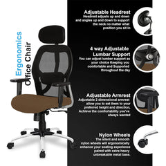 Kuber Industries Ergonomic Office Chairs for Work from Home | Comes with Manual Height Adjustable, Armrest, Headrest & Lumbar Support | Comfy Study Chair for Students with Wheels | Black & Beige Seat