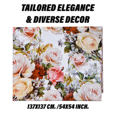 Heart Home Table Cover | Dining Table Cover | Center Table Cover | Reversable Table Cover for Kitchen Table | Gulab Design Table Cover for Hall Décor | 54x54 Inch | White