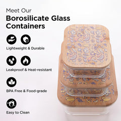 Heart Home Pack of 3 Borosilicate Kitchen Containers with Bamboo Lid | Glass Containers with lid | Airtight | 370ml 640ml 1060ml | kitchen accessories items| Multipurpose | Ratatouille Print