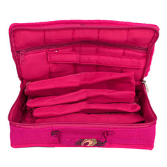 Kuber Industries Jewellery Kit | Satin Morpankh Print Jewellery Kit | 4 Flappable Pouches & 2 Extra Compartment | Cosmetic Kit for Necklace | Bracelet | Pack of 2 | Pink