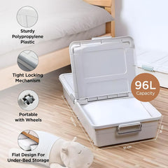 Kuber Industries Large Capacity Underbed Storage Box with Lids and Wheels | Dustproof & Stackable | Rectangular Storage Box | Multipurpose Organizer for Clothes/Toys (96L)