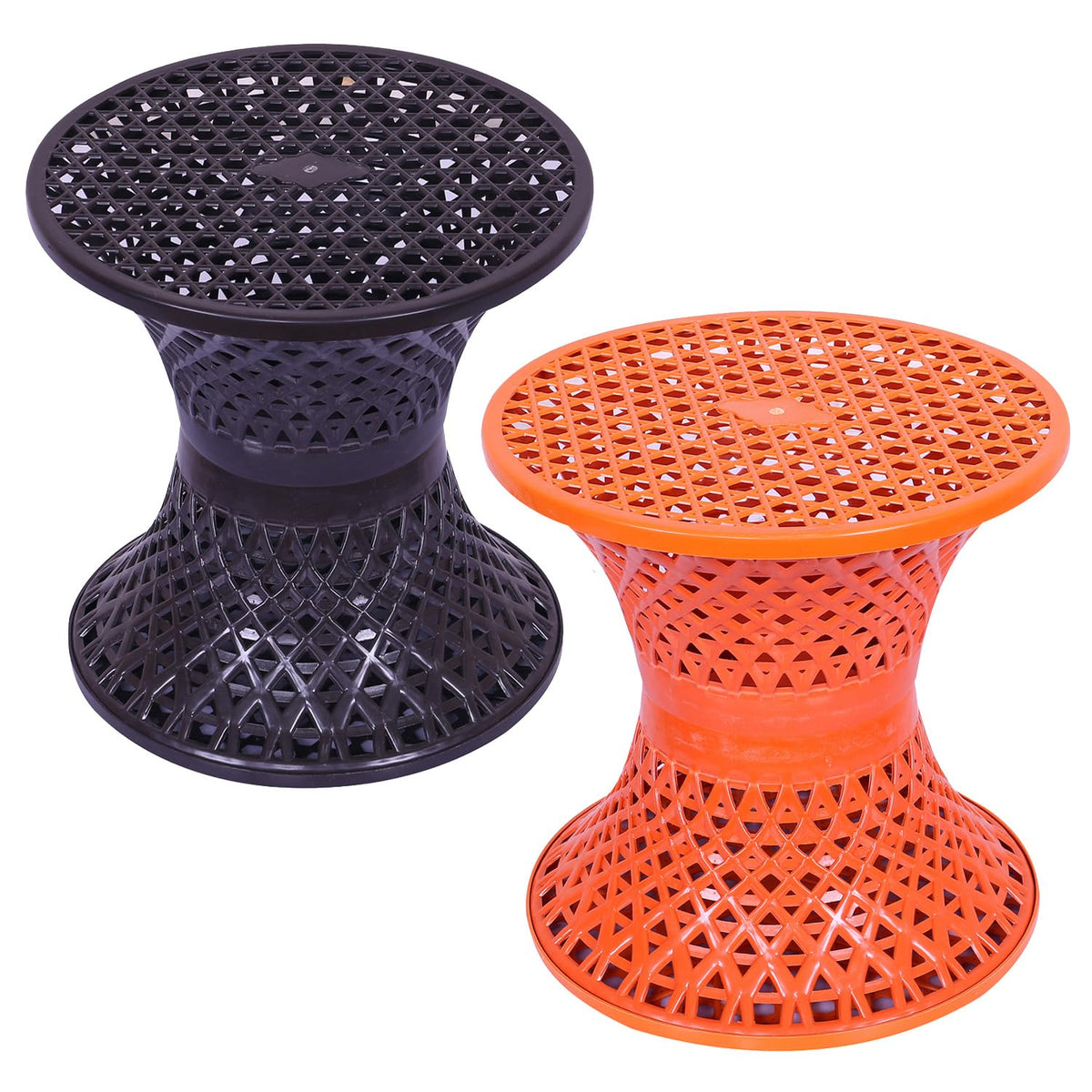 Heart Home Seating Stool | Plastic Mesh Damroo Stool | Both Sided Stool for Guestroom | Damroo Style Stool | Stool for Graden | Stool for Balcony | Pack of 2 | Multi