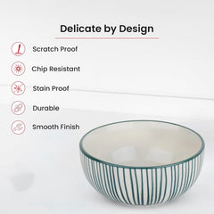 Kuber Industries Ceramic Food Bowl Set | Chini Mitti Bowl | Microwave, Dishwasher Safe Ceramic Bowl | Green Lining Print - White