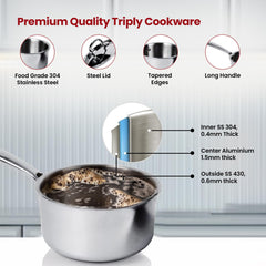 Heart Home Hard Anodised Non Stick Sauce Pan with Lid & Handle | Heat Resistant Gas Stove & Induction Sauce Pan for Tea, Coffee & Milk | Boiling Pot Vessel | Silver
