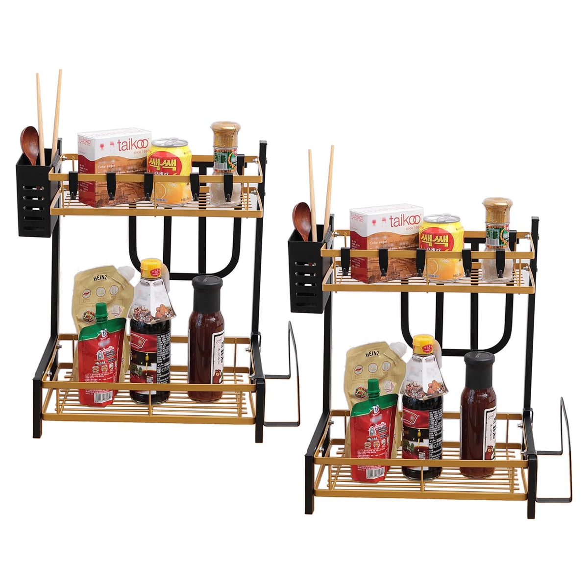Kuber Industries 2-Layer Dish Drying Rack|Storage Rack for Kitchen Counter|Drainboard & Cutting Board Holder|Premium Utensils Basket Pack of 2 (Gold & Black)