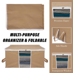 Heart Home Underbed Storage Bag | Clothes Storage Organizer | Blanket Cover with Clear Window | Zipper Closure & Handle Cloth Organizer | Plain White Border | Large | Pack of 3 | Brown