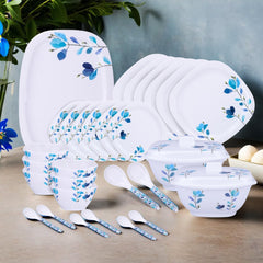 Heart Home 31 Pieces Square Unbreakable Microwave & Dishwasher Safe Melamine Dinnerware Kitchen Crockery Set | Glossy Dinner Sets & Kitchen Set for Home | Blue Floral - White