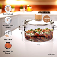 Kuber Industries Borosilicate Glass 1.45L Saucepan with Lid & Handle | Induction Pan Cookware | Handi for Cooking | Microwave Safe | Cooktop for Tea/Milk/Pasta/Noodles/Rice | Transparent