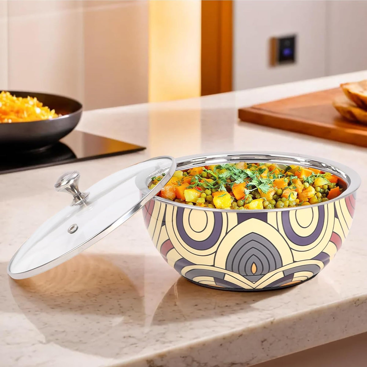 Kuber Industries Pack of 3 Stainless Steel Insulated Hotpot Roti Box with Transparent Glass Lid | 1.5L Chapati Casserole for Dining Table - Multicolor
