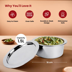 Kuber Industries 1.5L Stainless Steel Tope Set/Vessels for Cooking with Lid | Induction Safe Heavy Duty Gauge Boiling & Cooking Patila/Topiya/Bhagona Steel Utensils for Kitchen | Silver