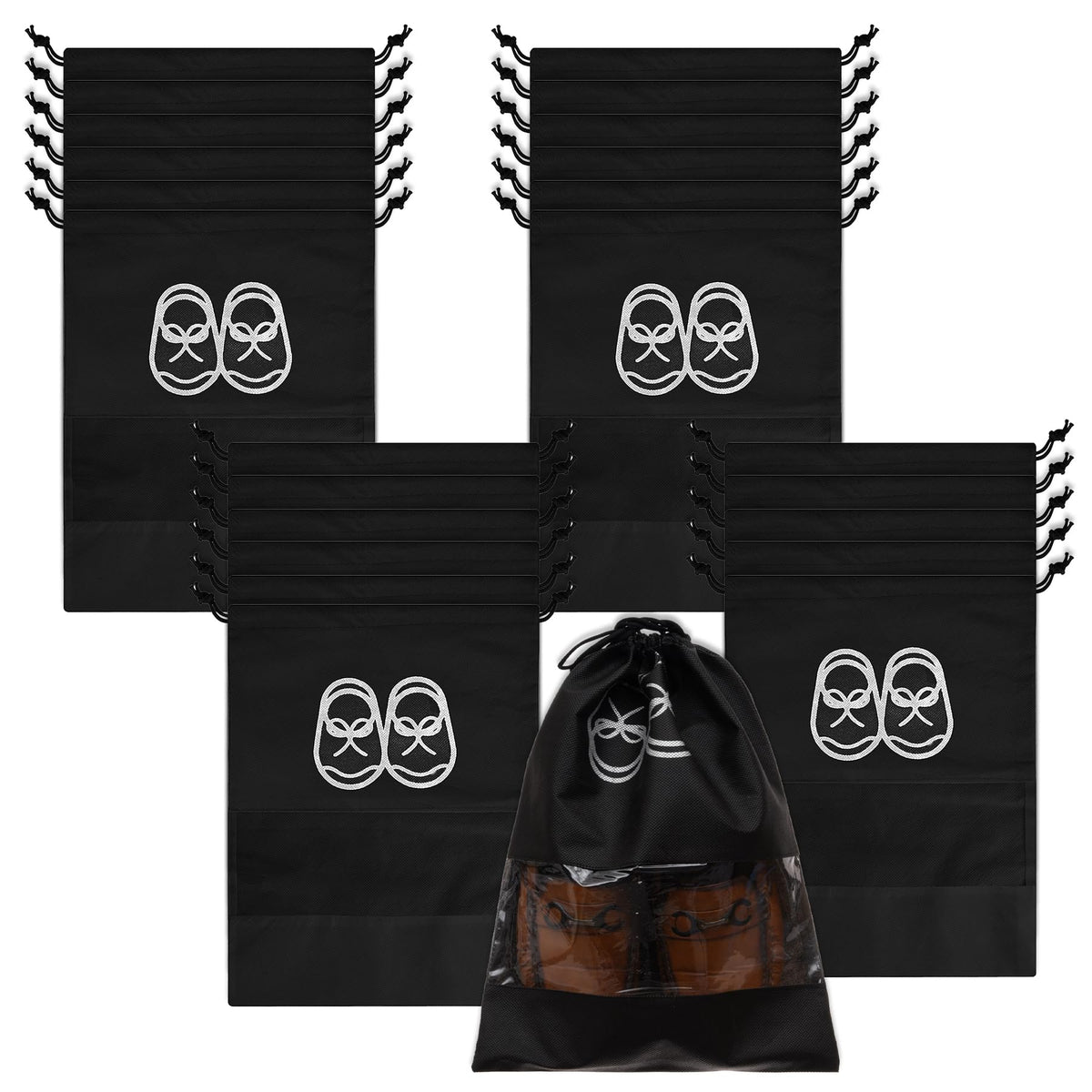 Heart Home Shoe Cover | Travel Shoe Storage Bags | Non-Woven Storage Bag | Shoe Cover with Drawstring | Shoe Organizer with Clear window | Plain | Pack of 24 | Black