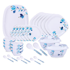 Heart Home 31 Pieces Square Unbreakable Microwave & Dishwasher Safe Melamine Dinnerware Kitchen Crockery Set | Glossy Dinner Sets & Kitchen Set for Home | Blue Floral - White