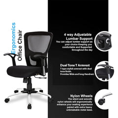 Kuber Industries Ergonomic Office Chairs for Work From Home | Comes with Manual Height Adjustable, Armrest & 2D Lumbar Support | Comfy Study Chair for Students with Wheels | Black