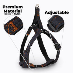 Homestic Dog Collar Belt & Harness with Adjustable Leash|Premium Demin Fabric|Metal Hooks|PDMGL-013-08|Comfortable Grip|Double Stitched Belt with Soft Padding |Black