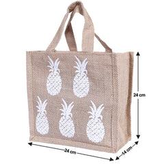 Kuber Industries Lunch Bag|Reusable Jute Fabric Tote Bag|Pineapple Print Tiffin Carry Hand Bag with Handle for Office,School,Gift,Pack of 4 (Brown)