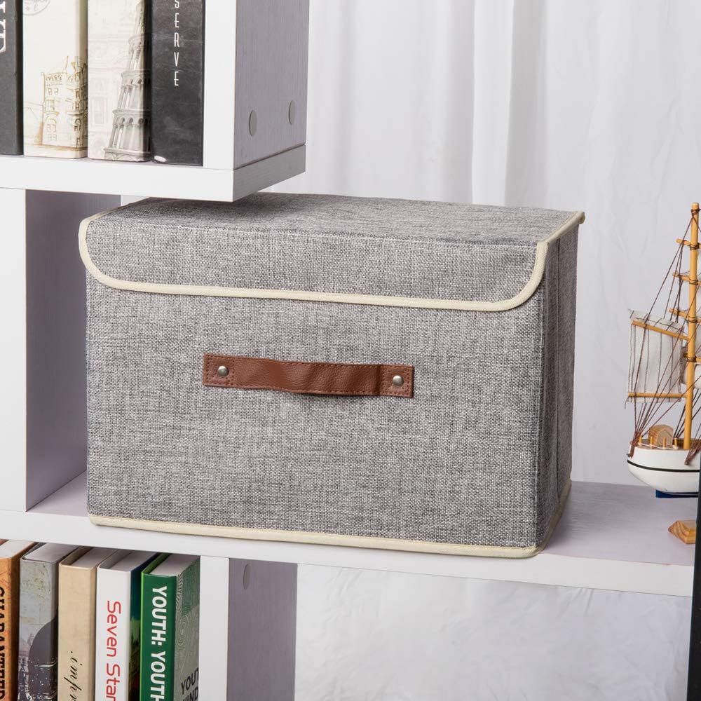 Kuber Industries Small Storage Box With Lid|Foldable Toys Storage Bin|Wardrobe Organizer For clothes|Front Handle & Sturdy Pack Of-3 (Grey)
