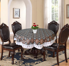 Heart Home Leaf Printed Round Shape PVC Spillproof, Waterproof, Antislip, Wipe Clean 4 Seater Table Cover with White Lace Border, 60"x60" (Brown & Black)