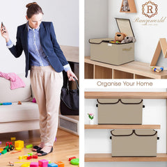 Kuber Industries Double Lid Foldable Storage Box|Toys Storage Bin|Wardrobe Organizer For Clothes|Front Handle & Stackable Pack Of-3 (Beige)