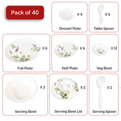 Kuber Industries 40 Pieces Round Melamine Microwave & Dishwasher Safe Dinnerware Kitchen Crockery Set | Glossy Dinner Sets & Kitchen Set for Home | Deluxe Lavendar Floral - White