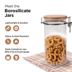 Heart Home Borosilicate Glass Jar with Bamboo Lid | Kitchen Organizer Items & Storage | Multi-utility, Leakproof, Airtight Storage Jar for Cookies, Snacks, Tea, Coffee, Sugar | Set of 2 (1400ml)