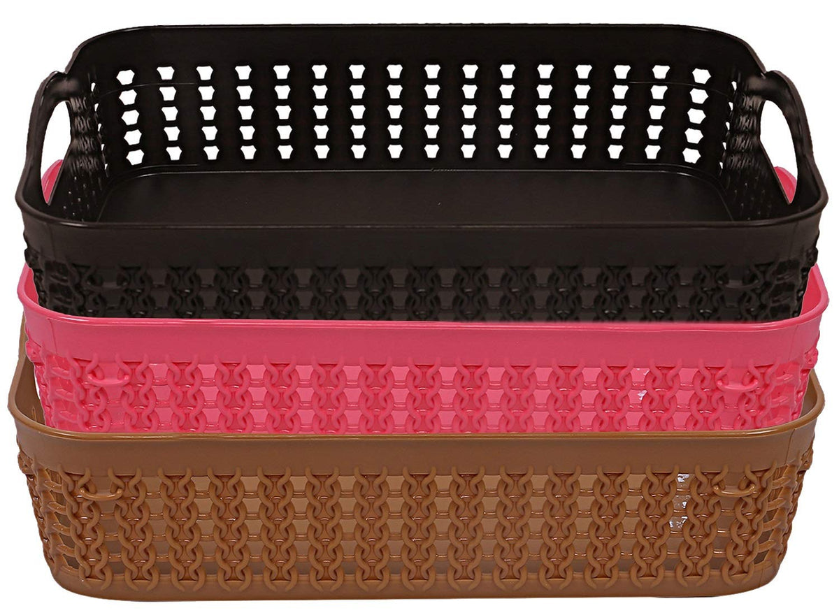Heart Home Plastic 3 Pieces Multipurpose Storage Basket Set (Black, Pink & Brown)- CTHH22005