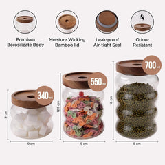 Urbane Home Borosilicate Glass Jar with Bamboo Lid | Multi-utility | Leakproof | Airtight Storage Jar for Cookies, Snacks, Tea, Coffee, Sugar | Set of 3 (340ml, 550ml, 700ml)