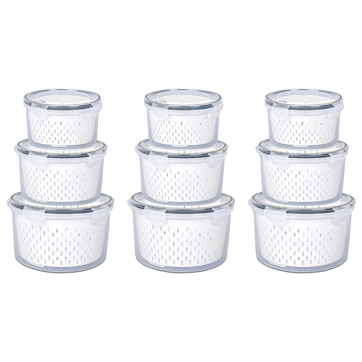 Kuber Industries 9 Pcs Food Containers | Round Storage Box for Fridge | Vegetable Fruit Strainer Basket | Refrigerator Storage Box | Containers With Airtight Lid | HXP00282 | Transparent | Pack of 3