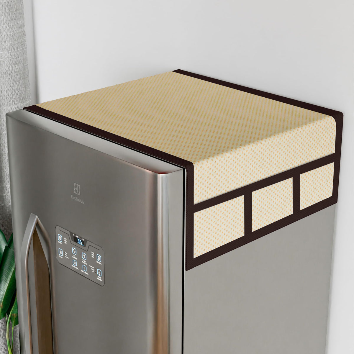 Kuber Industries Fridge Top Cover | Fridge Top Cover with Pockets | Refrigerator Top Cover for Kitchen | Fridge Top Cover with 6 Utility Pockets | Dot Fridge Cover | Golden