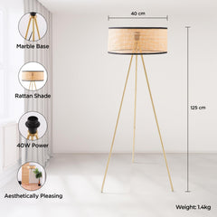 Kuber Industries Aesthetic Rattan Frame & Iron Stand Base Bedroom Lamp for Side Table | Desk & Study Table Lamp for Living Room, Home & Décor | House Warming Gifts | Black & Beige