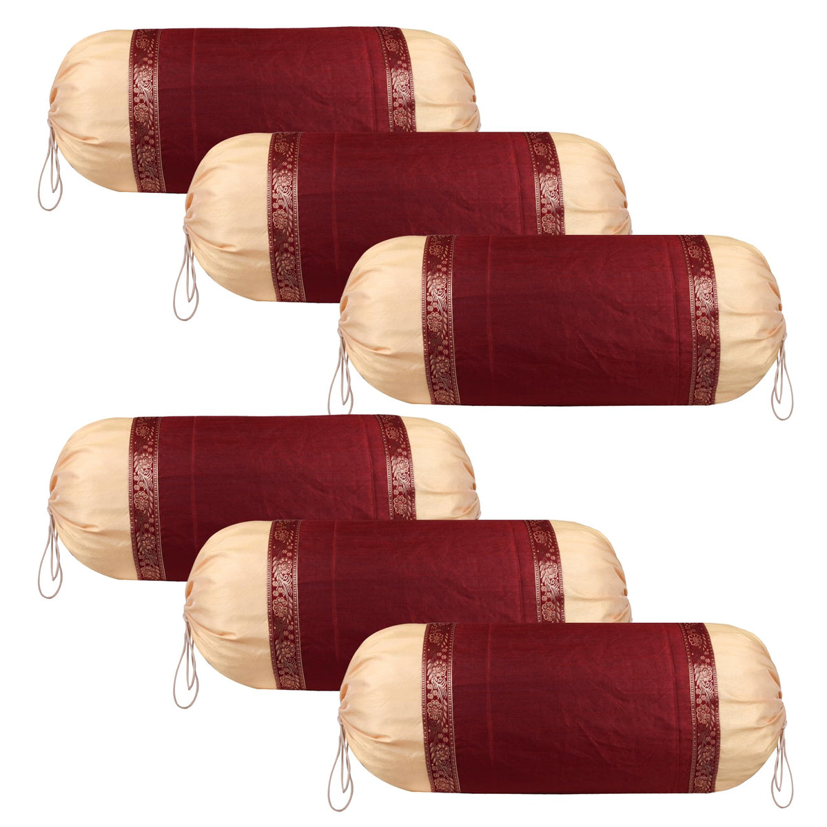 Kuber Industries Bolster Covers | Dupion Polyester Bolster Cover Set | Diwan Bolster Cover Set | Bolster Pillow Cover | Lace Design Masand Cover | 16x32 Inch | Pack of 6 | Maroon