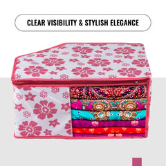 Heart Home Blouse Cover | Clothes Storage Bag | Zipper Wardrobe Organizers | Non-Woven Clothes Organiser | Side Transparent Blouse Organizer | Flower-Design | Pack of 12 | Pink